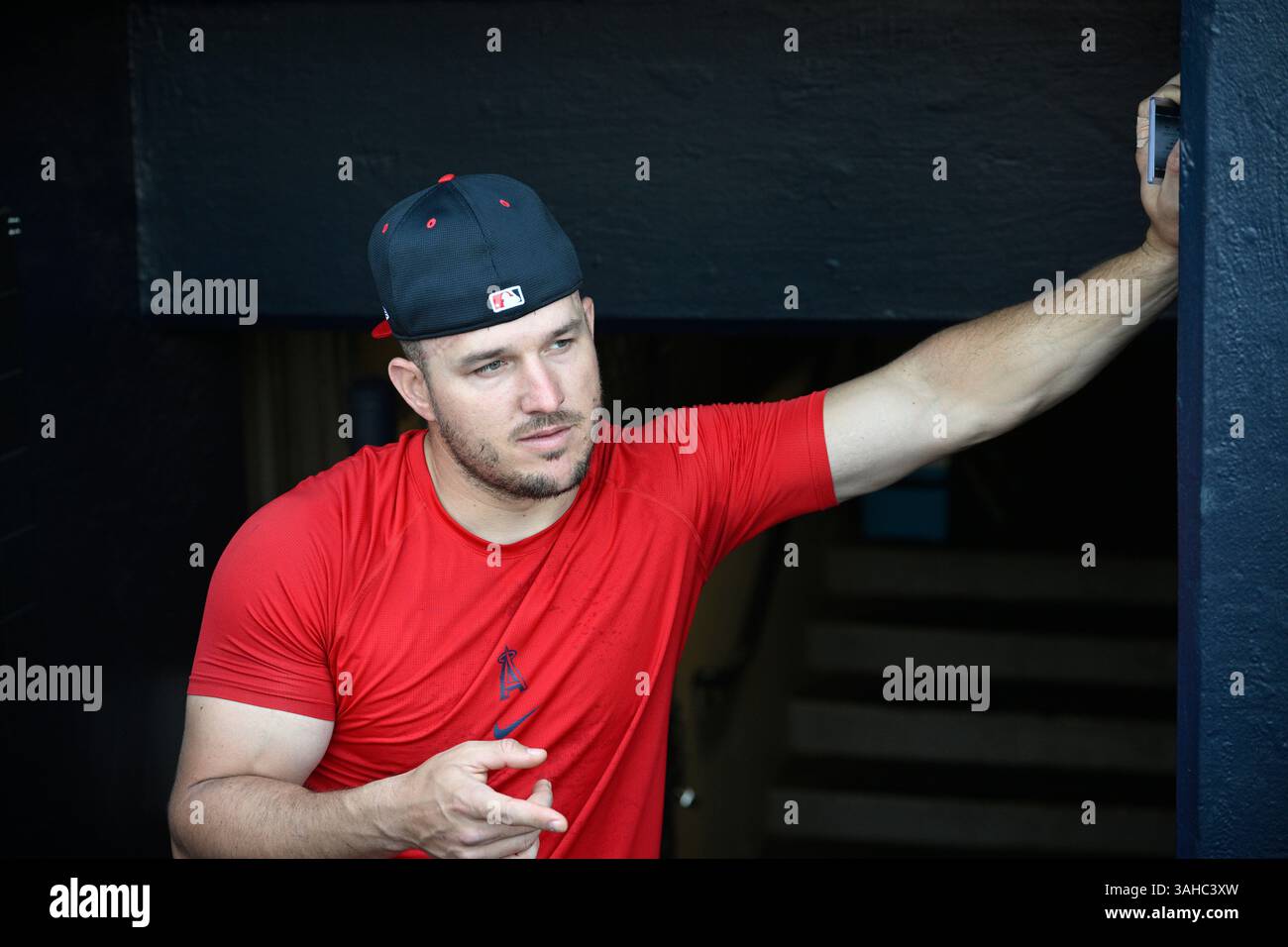 Los Angeles Angels outfielder Mike Trout looks on from the dugout ...