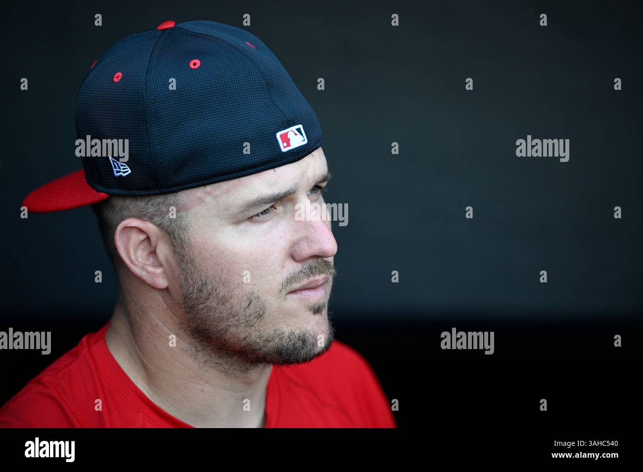 Los Angeles Angels outfielder Mike Trout looks on from the dugout ...
