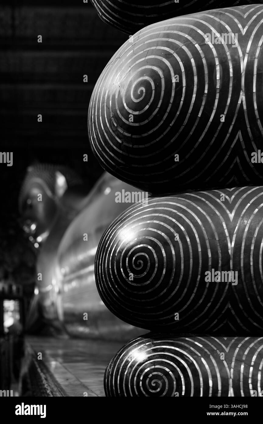 Mesmerizing spirals on the soles of the Reclining Buddha at Wat Pho Stock Photo