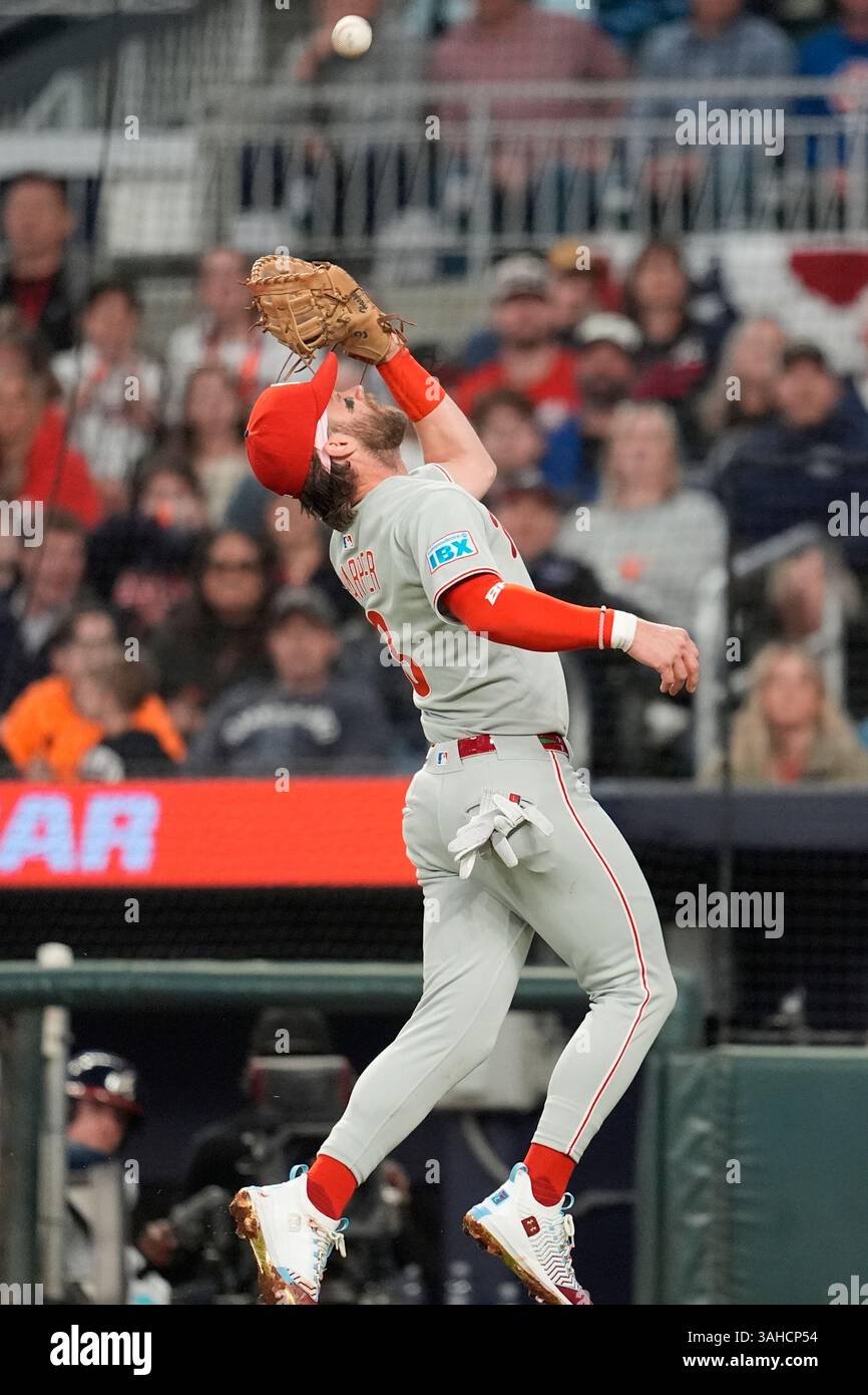 Philadelphia Phillies first baseman Bryce Harper (3) makes the catch ...