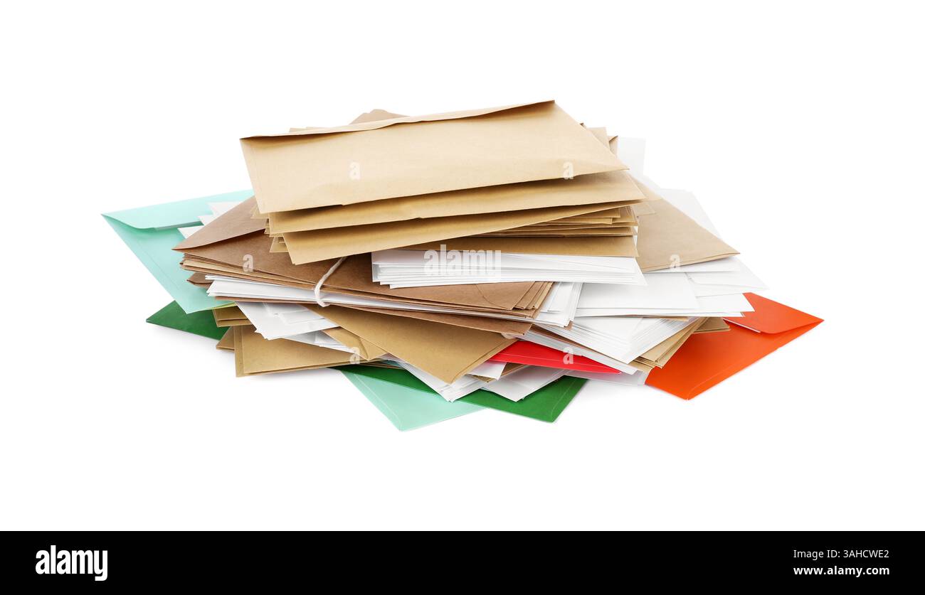 Stack of different paper envelopes on white background. Post office Stock Photo