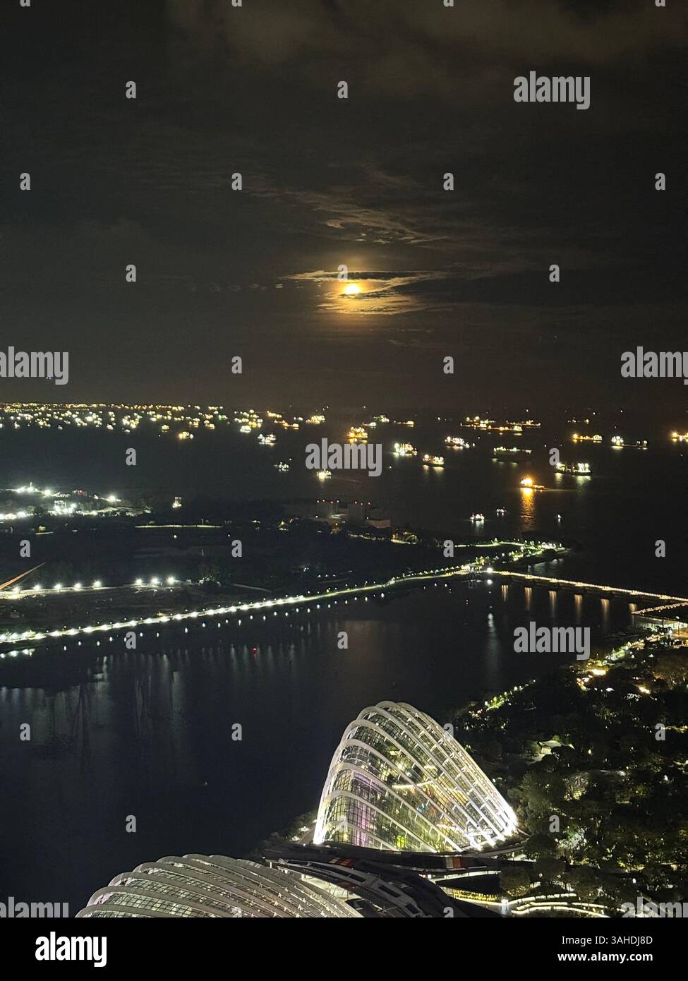 Singapore Harbour at night, viewed from Marina Bay Sands. City lights and moonlight reflect across the skyline and waterfront. - Smartphone Captured Stock Image