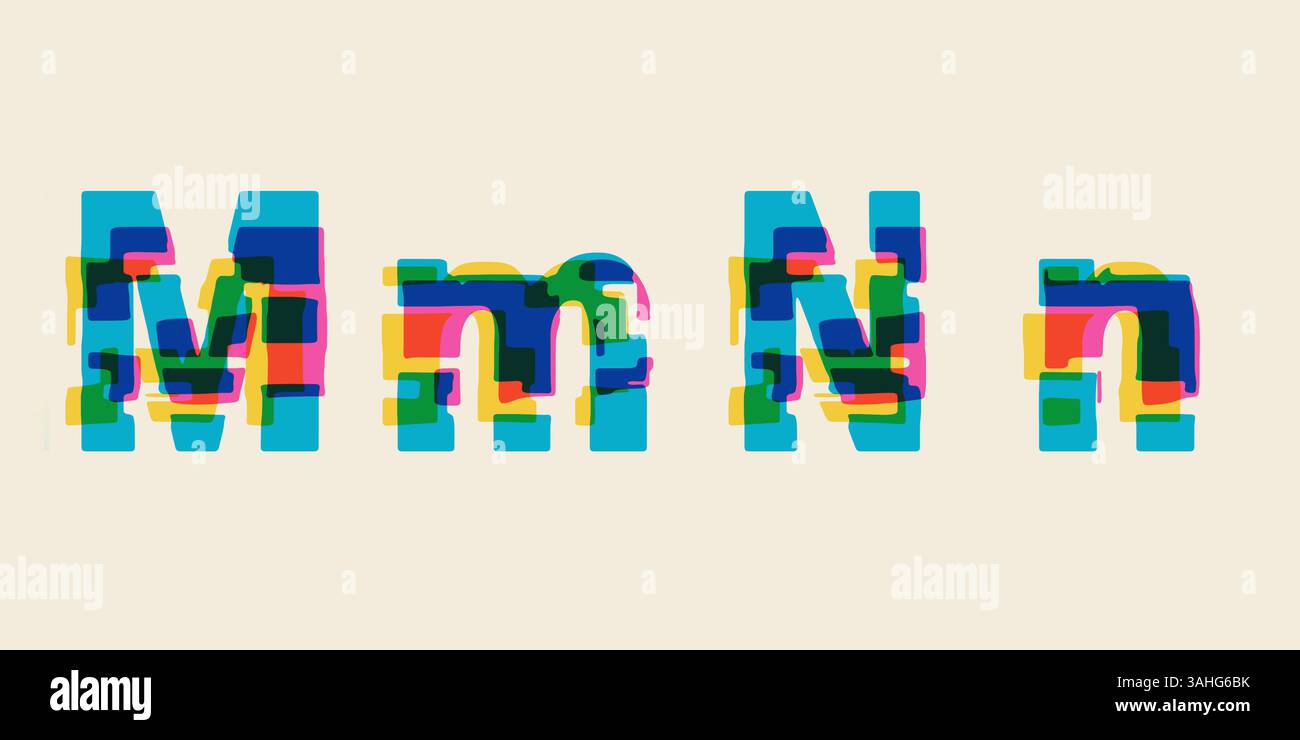 Multiple M Letters alphabet made of multicolored letters with glitch effect, lowercase and ...