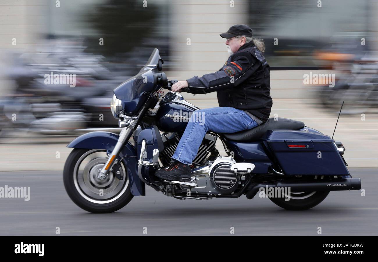 March 19, 2015 - Oconomowoc, WI, USA - Jim Heppe rides his 2009 Street Glide near the Wisconsin Harley-Davidson Dealership in Oconomowoc, Wis., on Thursday, March 19, 2015.  Heppe, 65, has been riding since he was 16 years old. (Credit Image: © Mike De Sisti/TNS/ZUMA Wire) Stock Photo