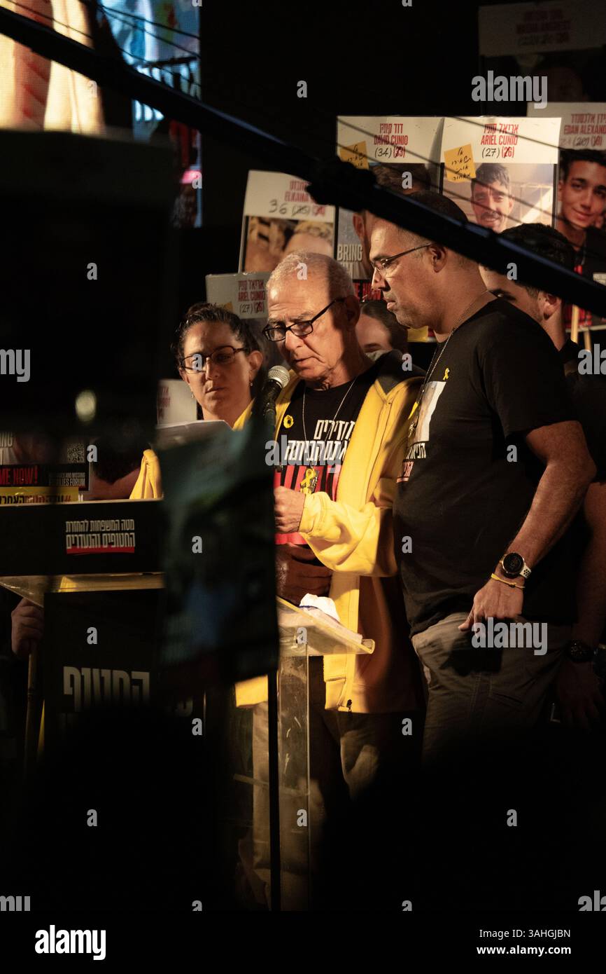 Speakers at Hostage Square in Tel Aviv on April 5, 2025 address the crowd during a protest demanding a ceasefire and the release of hostages from Gaza Stock Photo