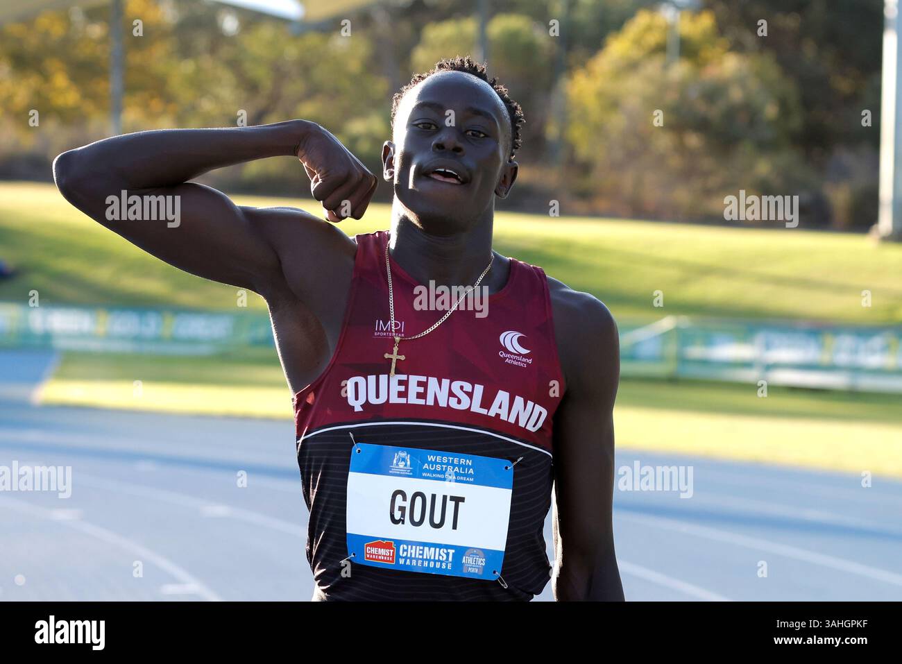 Gout Gout celebrates after winning the Men’s 100m Under 20’s heat