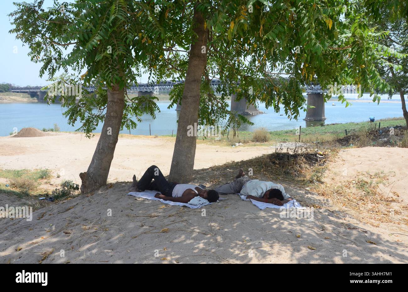 June 2, 2015 - Allahabad, Uttar Prades, India - INDIA, Allahabad: Indian Sand factory labor sleeping on sand under a tree's shade during a hot day in Allahabad on 06-02-2015. The heat wave gripping India has killed 2,330 people, officials announced on Tuesday, as meteorologists warned that monsoon rains could still be days away. The worst-hit state was Andhra Pradesh on the country's southeast coast, where 42 people have died in the past 24 hours. photo by prabhat kumar verma (Credit Image: © Prabhat Kumar Verma/ZUMA Wire/ZUMAPRESS.com) Stock Photo