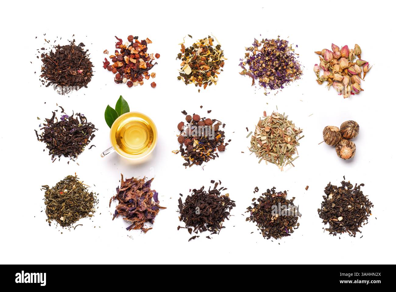 An assortment of various dry tea leaves, showcasing different textures ...