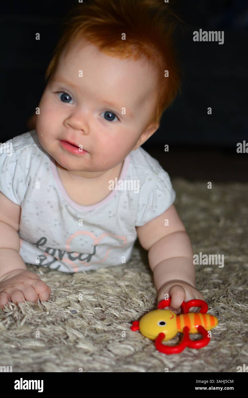 Red hair baby girl lying on a carpet on a belly and holding a toy. 6 months baby girl having belly time on floor. Stock Photo