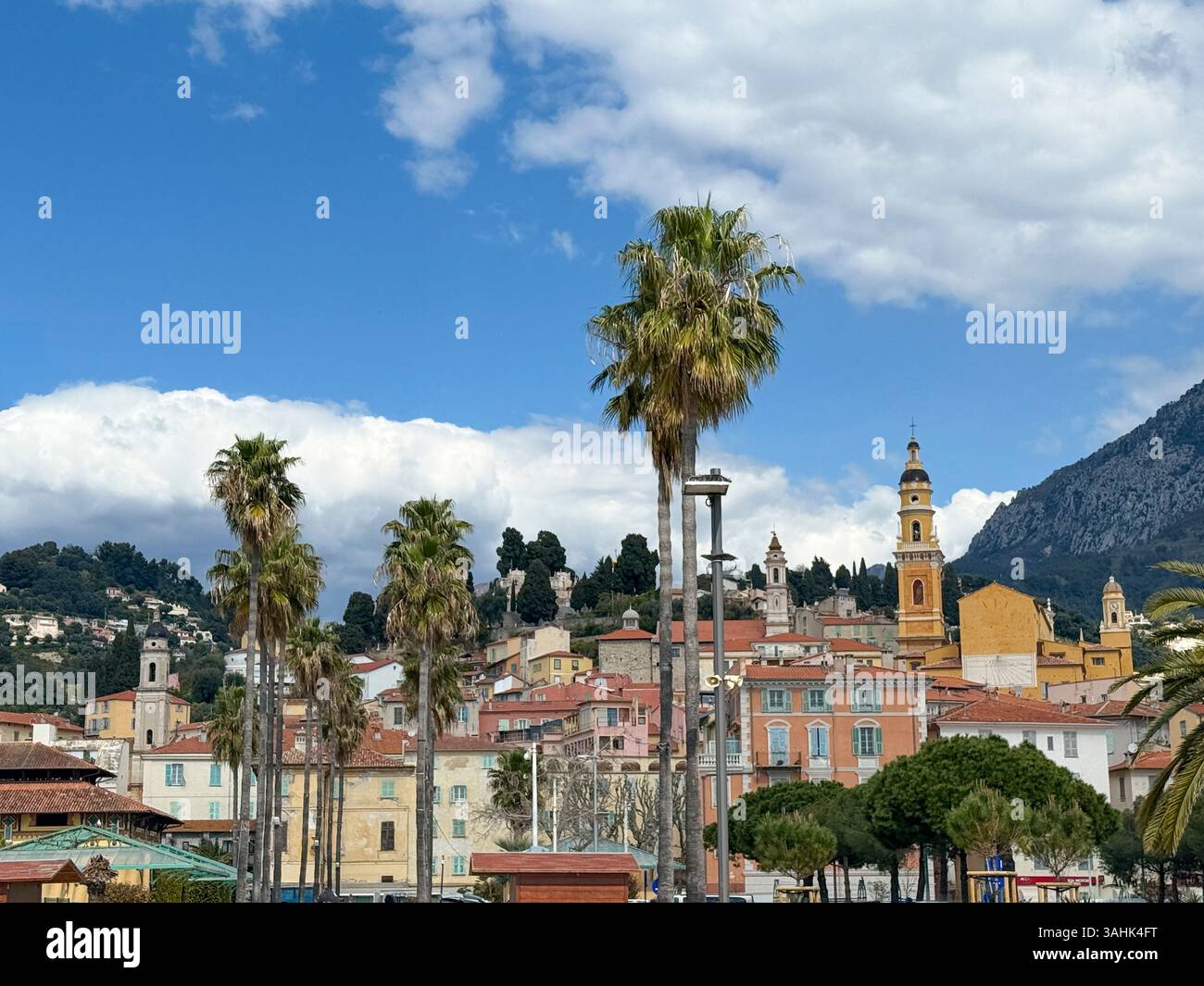 View of the old town and Basilica, Menton, Provence–Alpes–Côte-d'Azur, France. - Smartphone Captured Stock Image