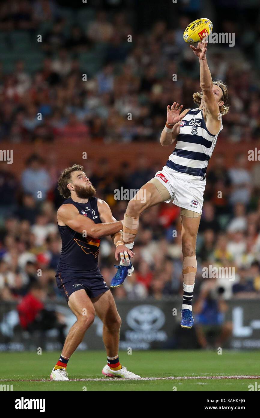 Riley Thilthorpe of the Crows and Rhys Stanley of the Cats compete in a ...