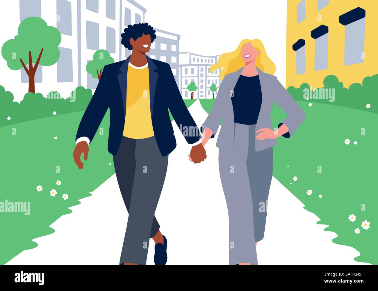 Illustration of two people walk hand-in-hand down a path in a colorful ...