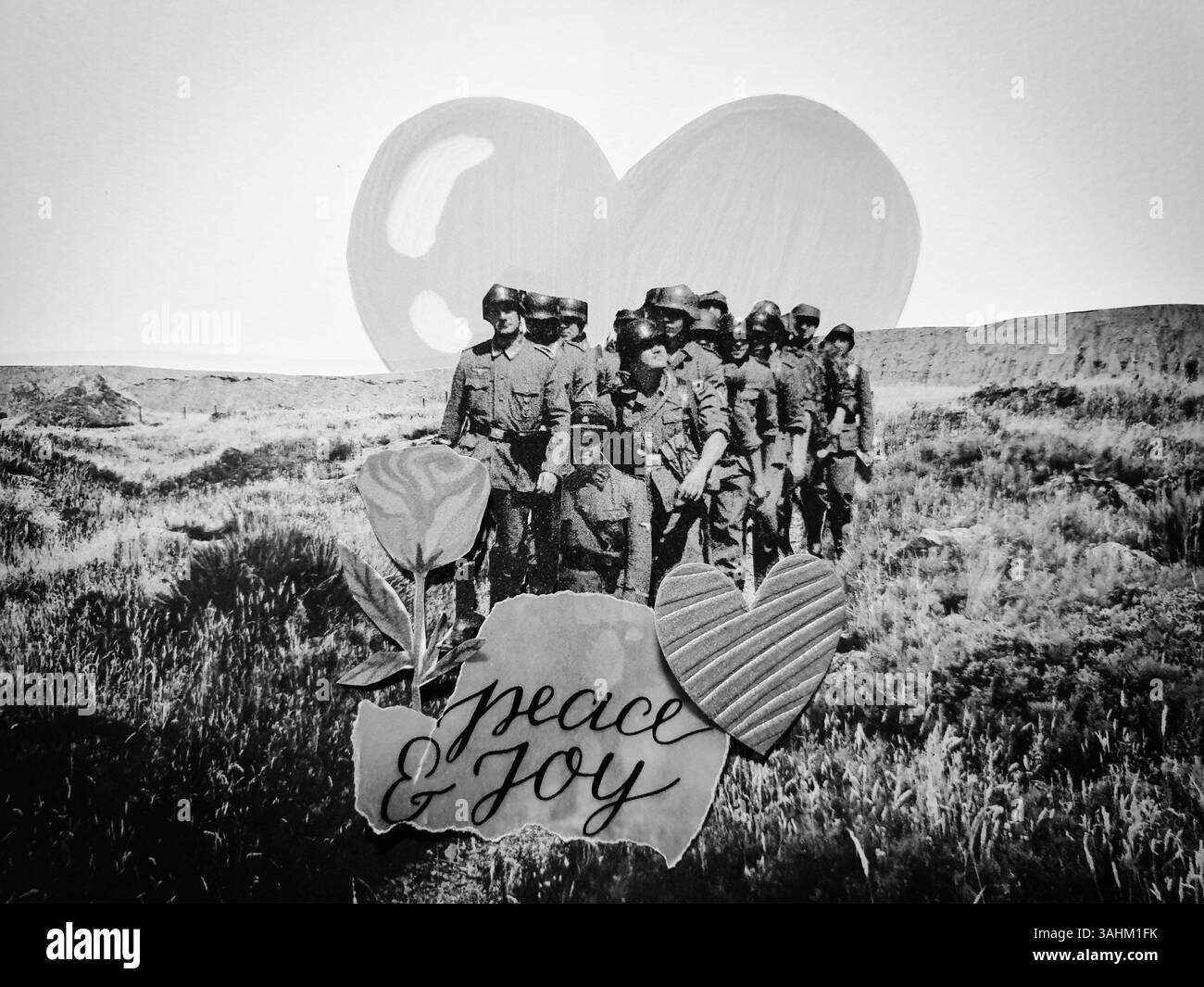 Conceptual self made collage art of soldiers heading towards peace and joy. Make more love, leave war! - Mülheim-Ruhr, Germany, on 05.04.2025 Stock Photo
