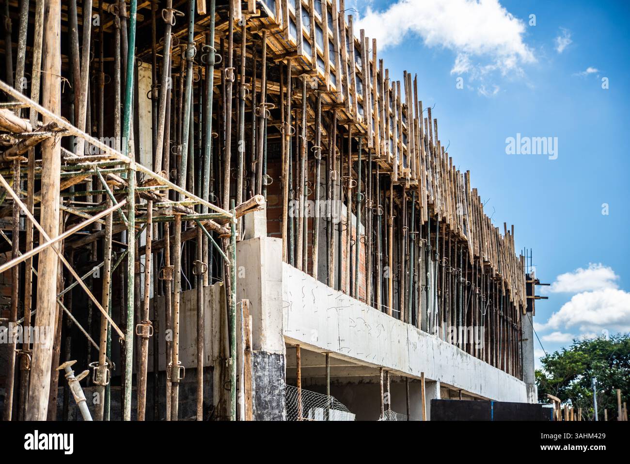 wood and steel formwork in reinforced concrete construction on a sunny ...
