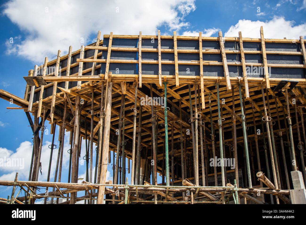 Conventional Formwork wood and steel formwork in reinforced concrete construction on a sunny ...