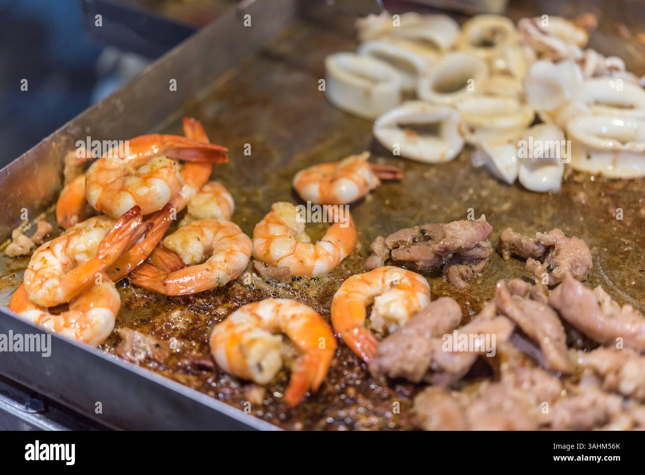 Grilled raw meat beef and pork with shrimp and squid (barbeque, bbq) a ...