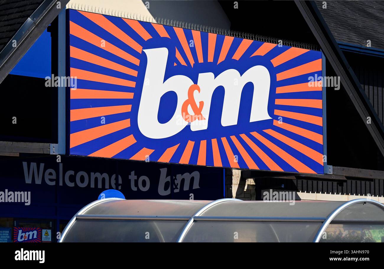 B & M Store logo. The Old Showground, Kendal, Cumbria, England, United Kingdom, Europe. Stock Photo