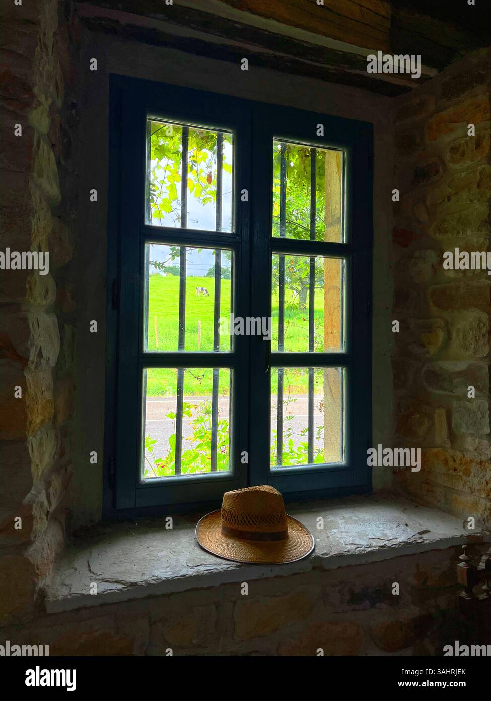 Landscape viewed through a closed window. Cantabria, Spain. - Smartphone Captured Stock Image