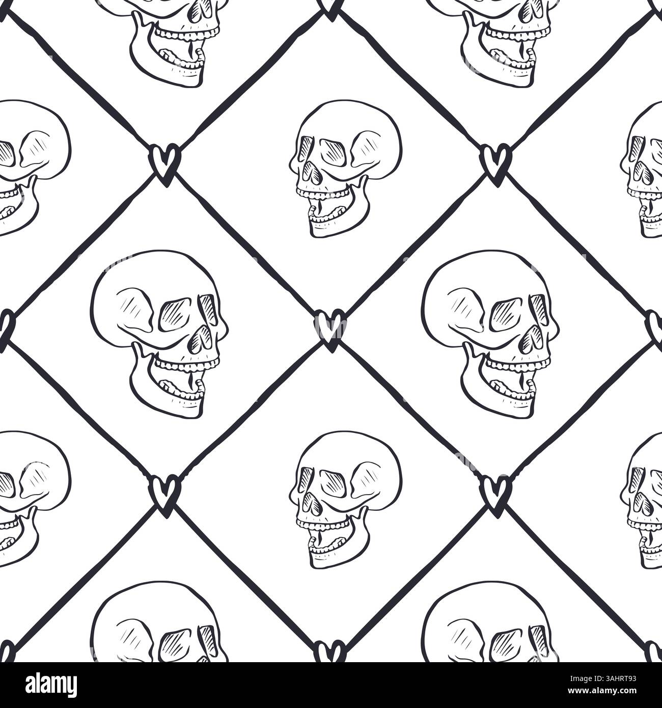 Seamless pattern with hand drawn black and white human skulls inside trellis Stock Vector