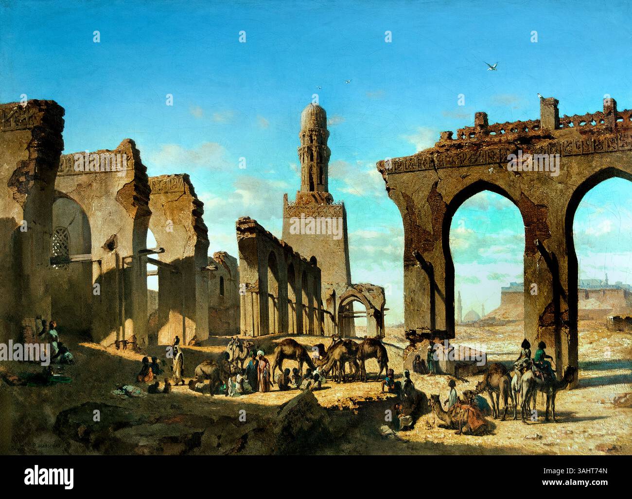 Ruins of the Mosque of the Caliph Hakim in Cairo - Ruines de la mosquée du khalife Hakem au Caire by  Prosper MARILHAT1811-1847, Louvre Paris, Fine Art Museum, France, ( Mosque of al-Hakim bi-Amr Allah is the fourth oldest mosque in Egypt, and the second largest after the Mosque of ibn Tulun. The construction of the mosque was begun by al-Hakim’s father, the Fatimid Caliph al-Aziz bi Allah in 380 AH/990 AD,  ) Stock Photo
