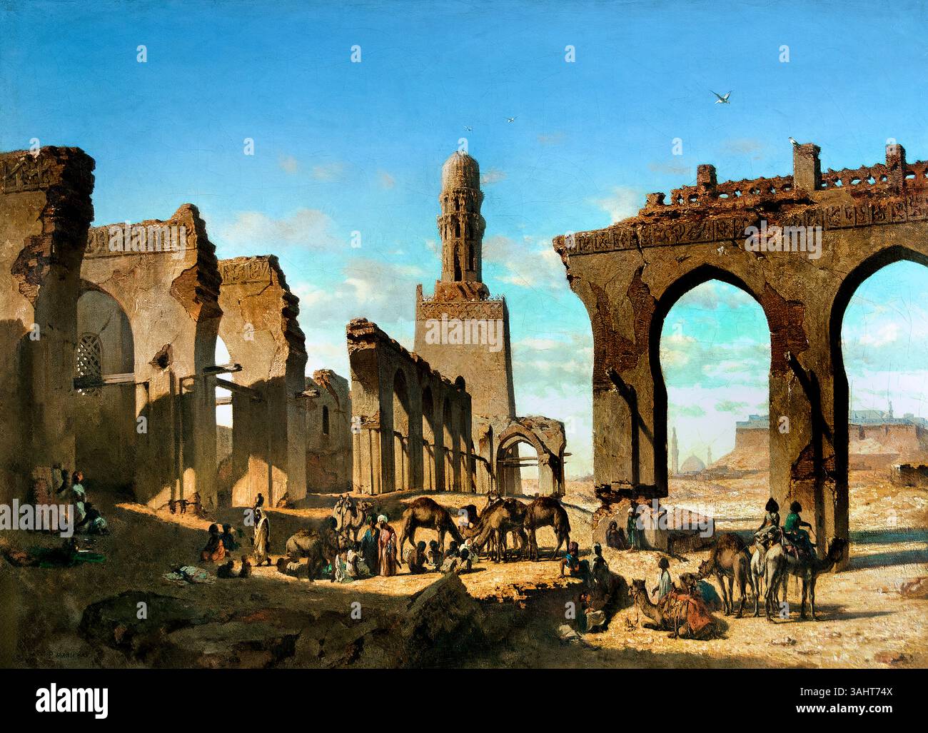 Ruins of the Mosque of the Caliph Hakim in Cairo - Ruines de la mosquée du khalife Hakem au Caire by  Prosper MARILHAT1811-1847, Louvre Paris, Fine Art Museum, France, ( Mosque of al-Hakim bi-Amr Allah is the fourth oldest mosque in Egypt, and the second largest after the Mosque of ibn Tulun. The construction of the mosque was begun by al-Hakim’s father, the Fatimid Caliph al-Aziz bi Allah in 380 AH/990 AD,  ) Stock Photo
