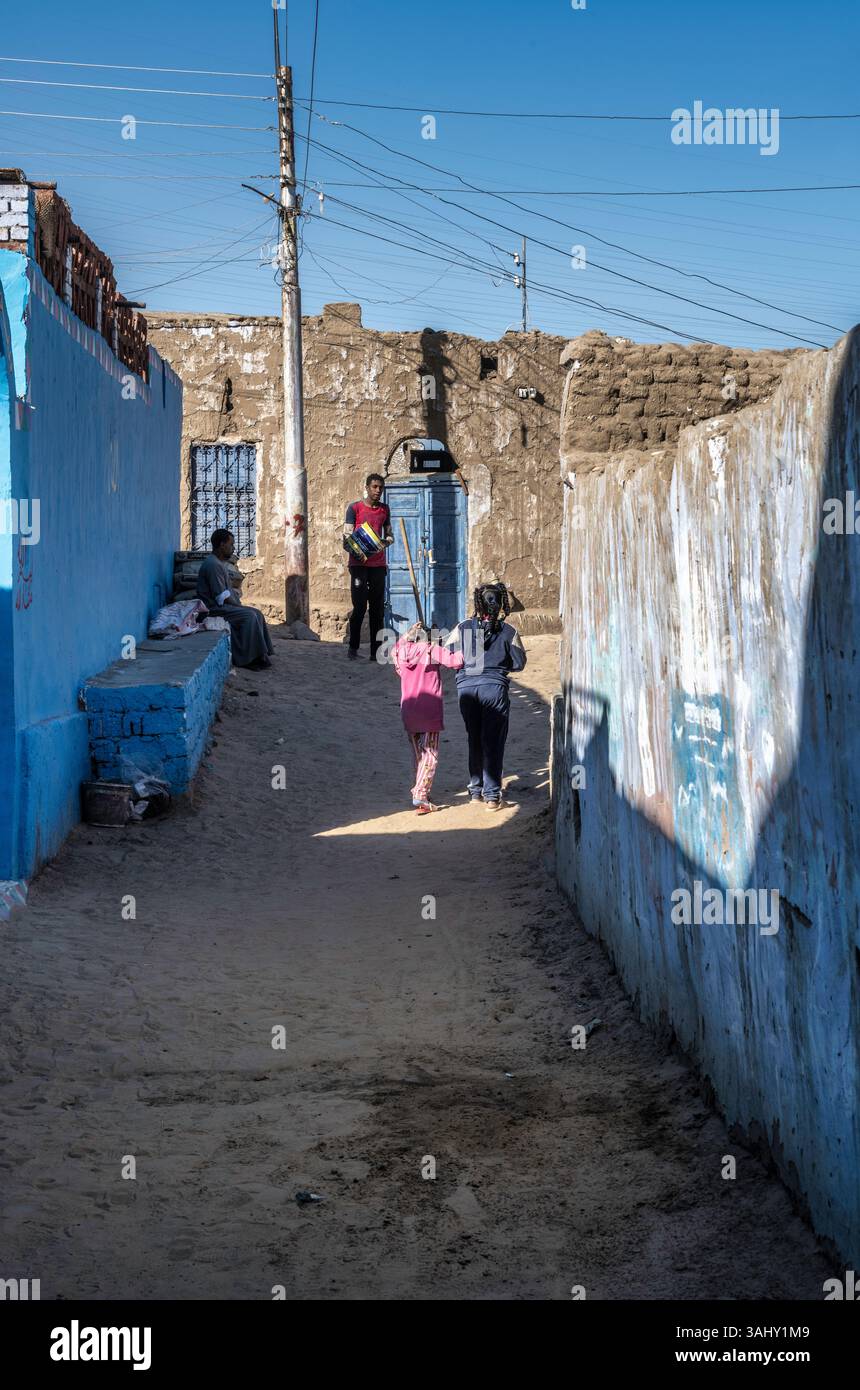 Scene in the streets of the Nubian Village of Gharb Suhayl, Aswan, Egypt. February 2023 Stock Photo