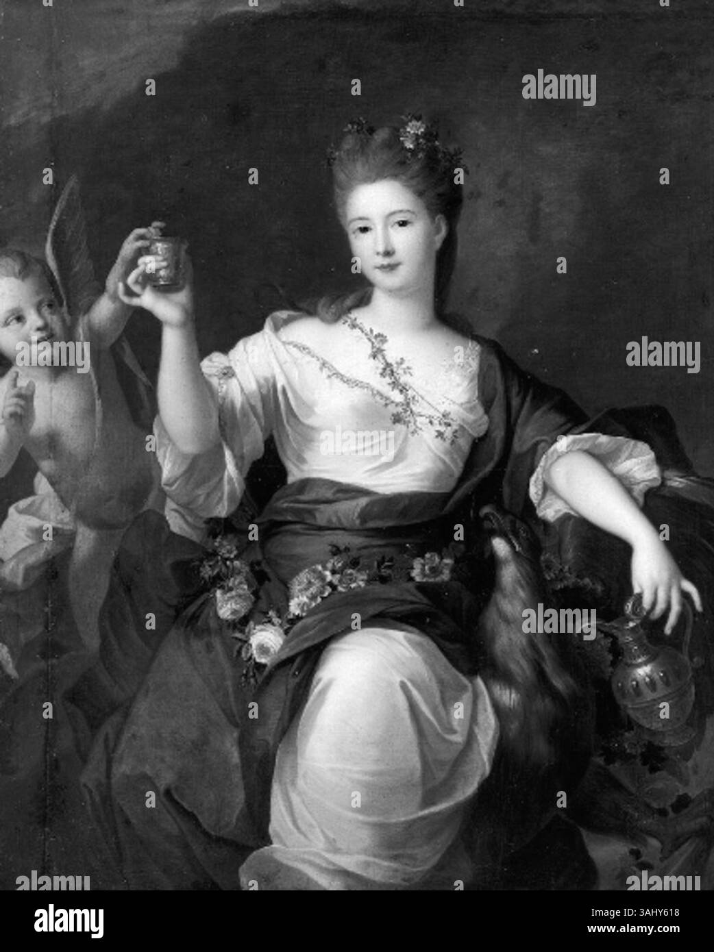 Pierre Gobert's portrait of Madame de Savari, painted between 1700 and 1725, showcases the aristocratic elegance of the period. The oil on canvas work reflects Gobert's detailed approach to capturing noble figures in 18th-century France. Stock Photo
