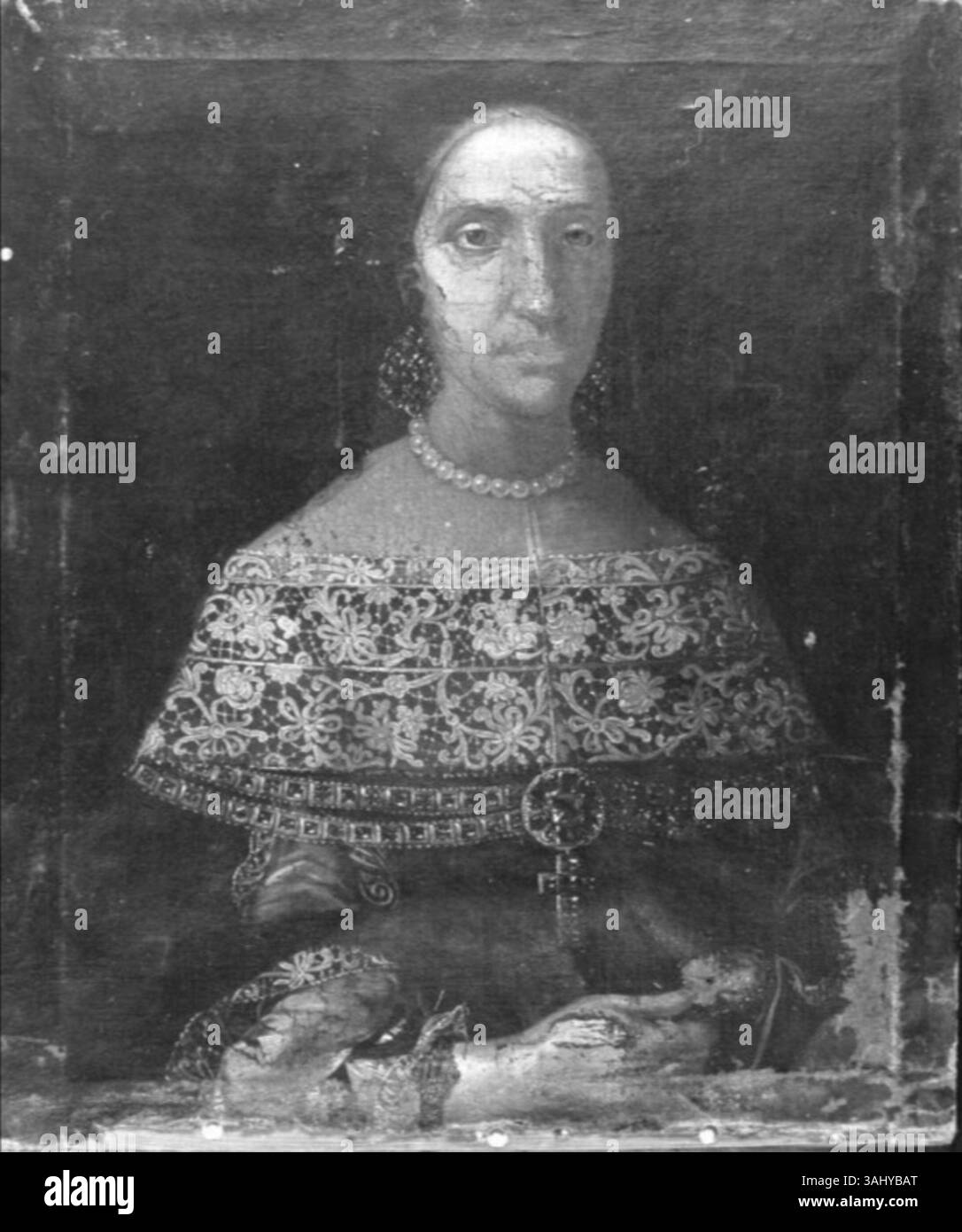 This 17th-century anonymous portrait depicts Margherita d'Este, Duchess of Guastalla, a member of the Este family and Princess of Modena and Reggio. The painting highlights her noble status and fashion of the period. Stock Photo