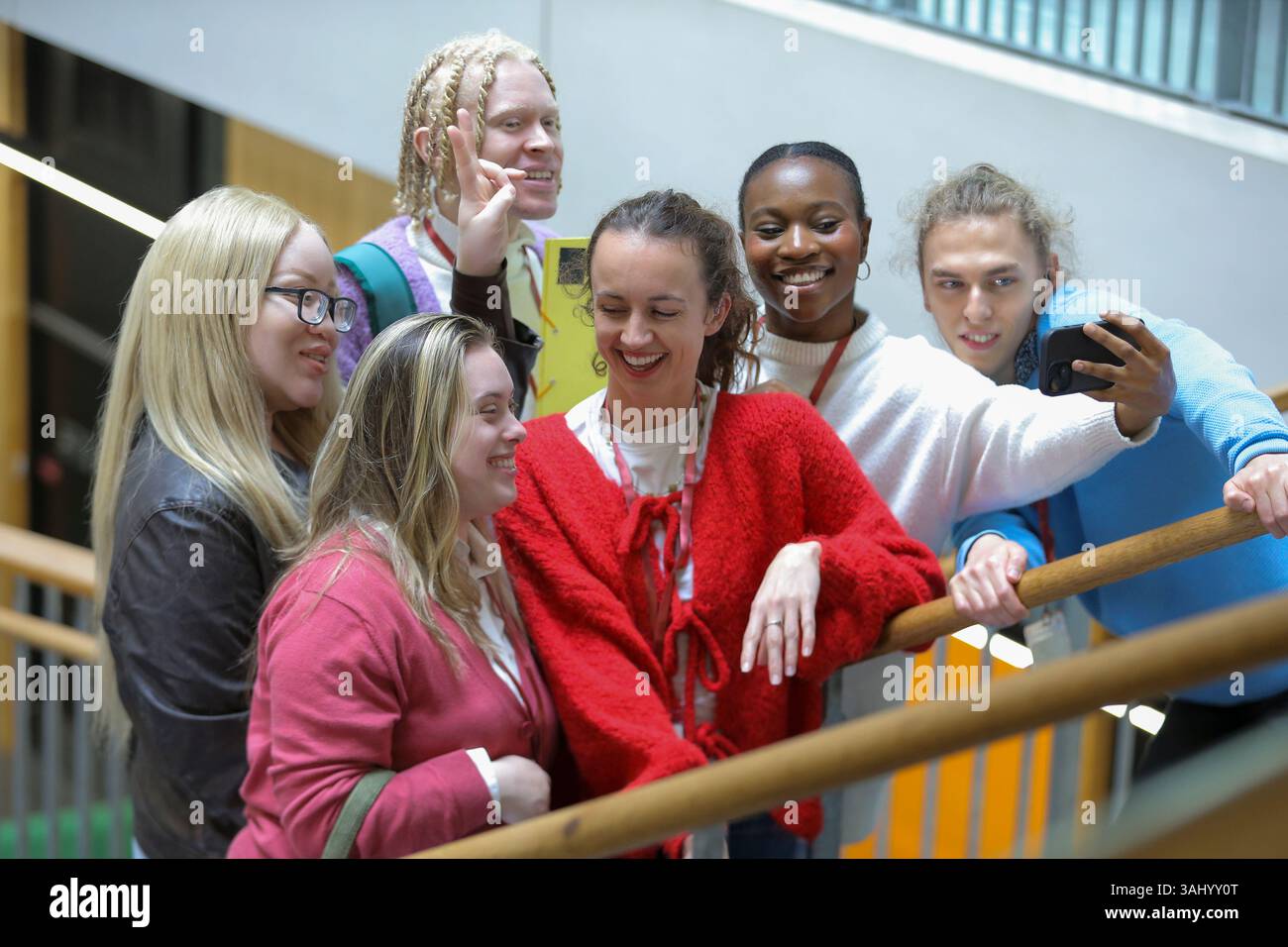 Disabled students taking selfie at university Stock Photo