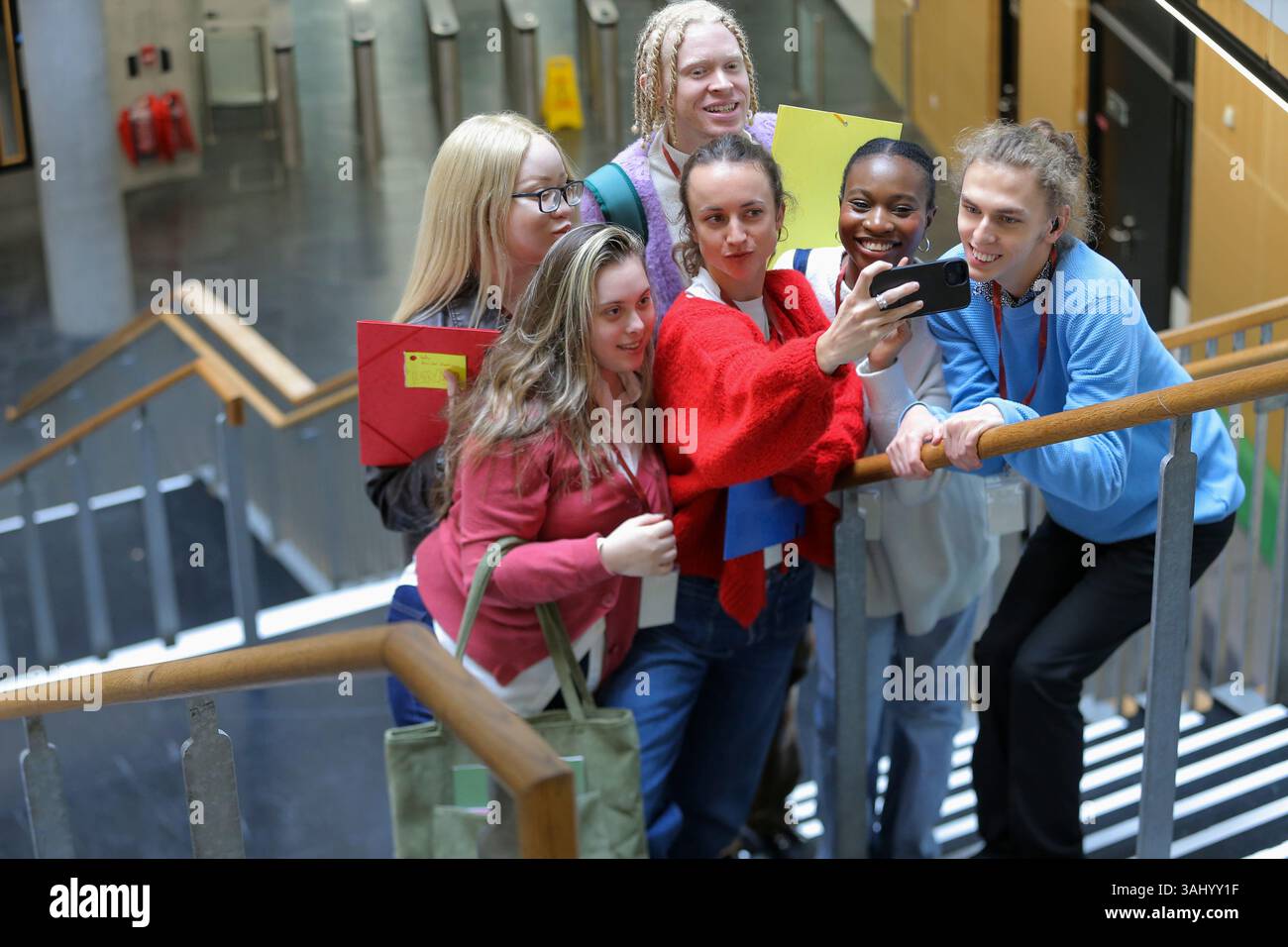 Disabled students taking selfie at university Stock Photo