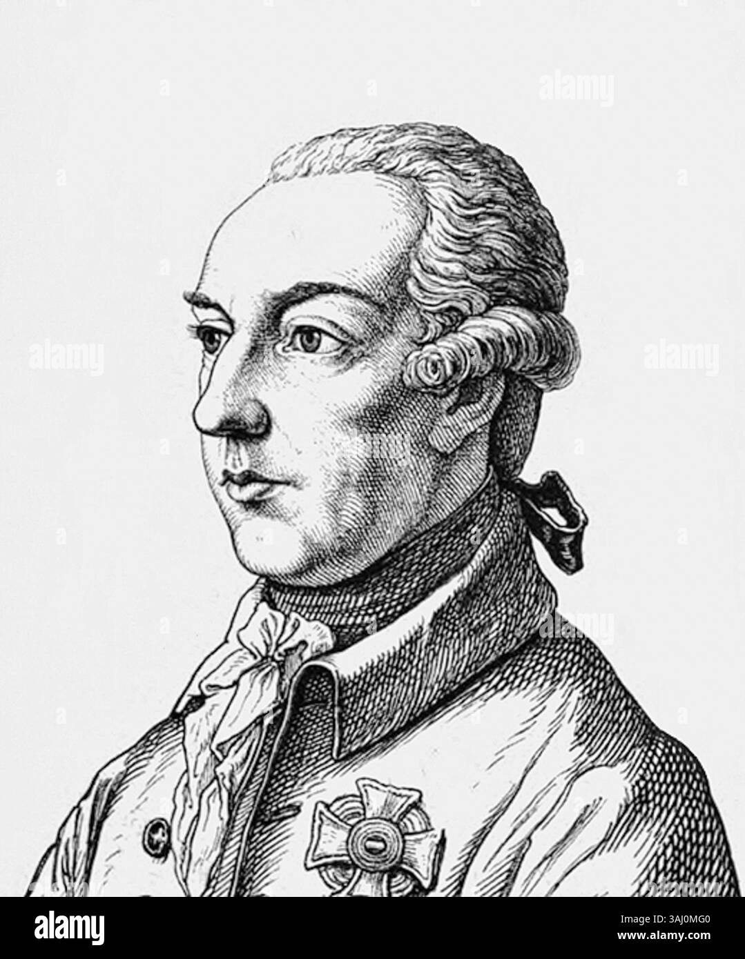 Portrait of Joseph II (1741–1790), Holy Roman Emperor, known for his Enlightenment reforms, including religious tolerance and legal reforms. His reign aimed to modernize the empire but met resistance. This portrait is part of Ludwig Bechstein's 'Two Hundred German Men in Portraits and Biographies' series. Stock Photo