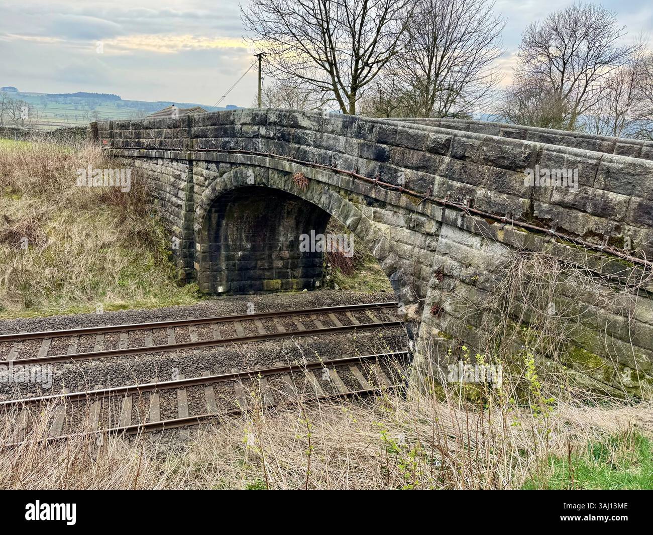 Stone bridge with railway lines passing underneath Stock Photo - Alamy