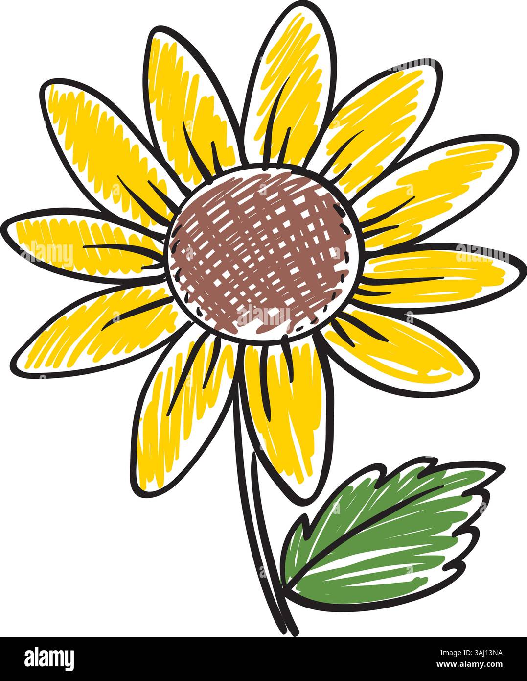 Vibrant sunflower illustration in a doodle style with bold outlines and ...
