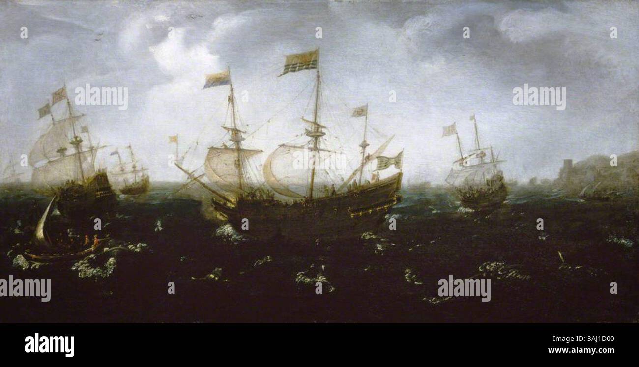 This maritime scene, attributed to Jan Porcellis, depicts a ship ...