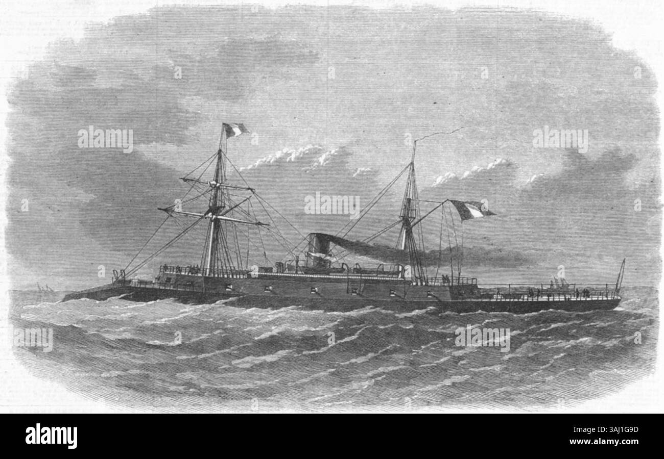 This wood engraving from *The Illustrated London News* (1868) depicts the French ironclad *Rochambeau*, previously known as the American *Dunderberg*. It illustrates the ship's transition in service and design during the 19th century. Stock Photo