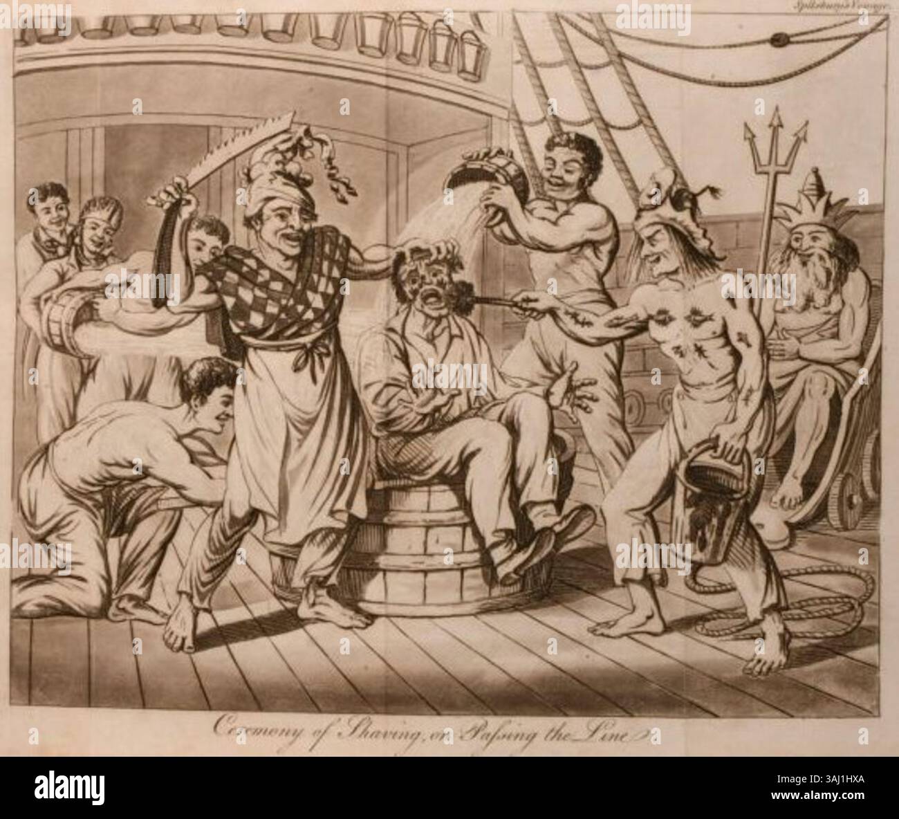 A depiction of the ceremonial shaving process for sailors crossing the ...