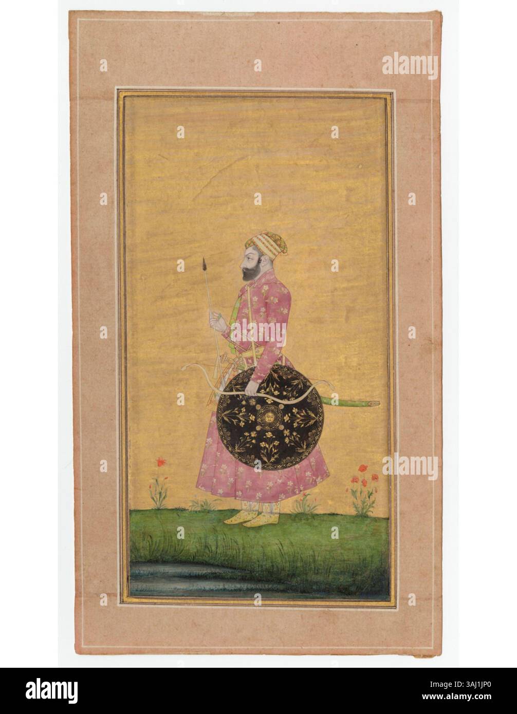 This portrait of Nawab Asad Khan, painted around 1650, uses opaque pigments and gold on paper. The back features inscriptions in Persian, English, and Devanagari. Stock Photo