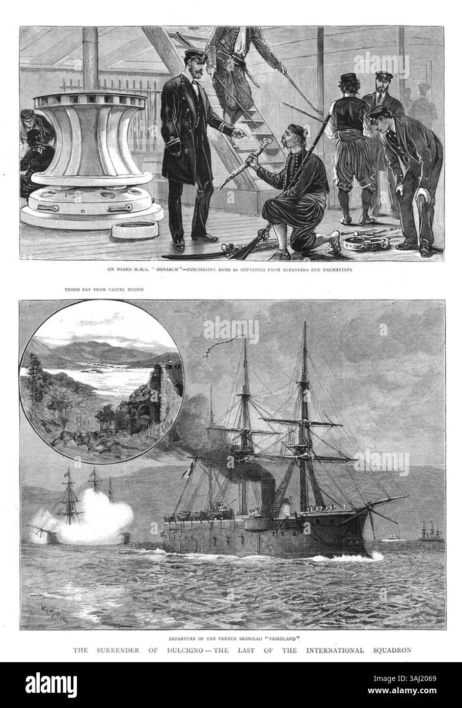 This wood engraving from The Graphic in 1880 illustrates the surrender of Dulcigno, marking the end of the International Squadron's mission. The scene portrays a significant moment in the naval history of the Balkans. Stock Photo