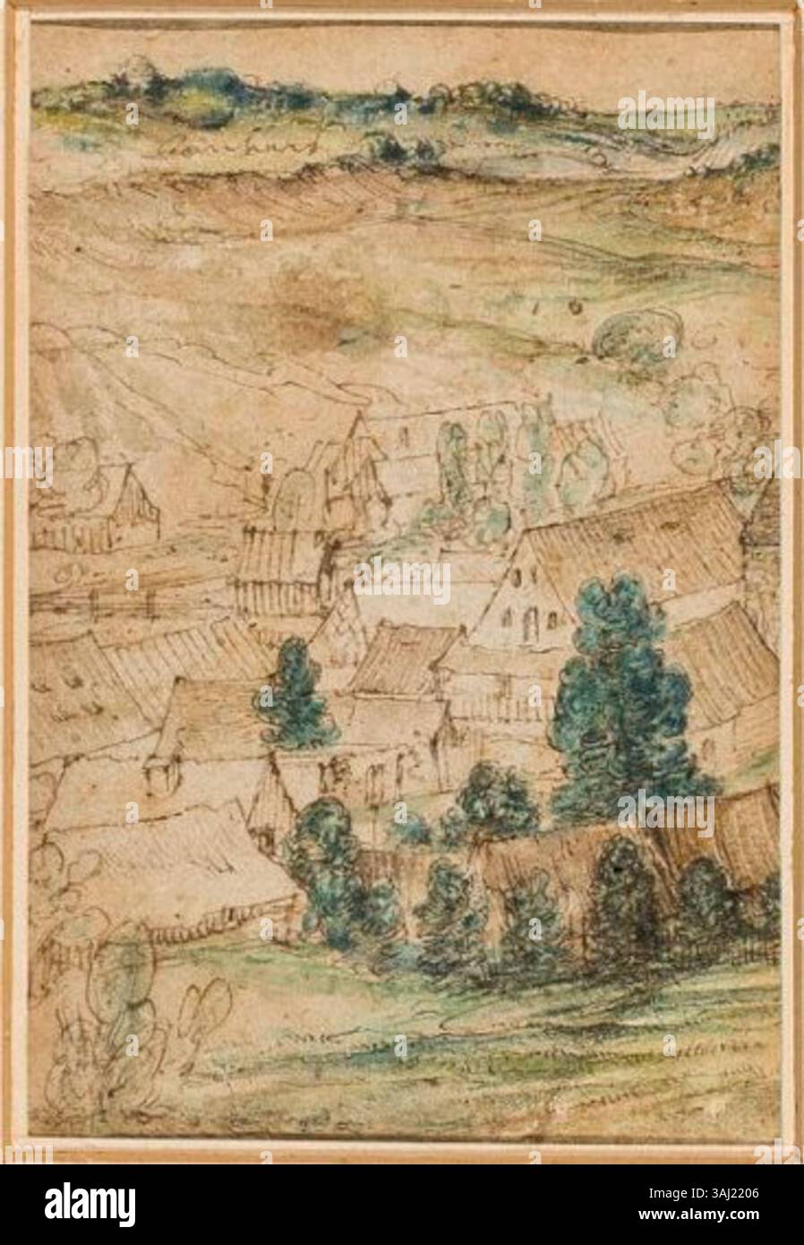 Watercolor painting of a German village from around 1525, showing a ...