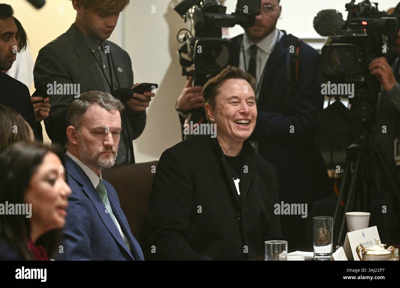 Elon Musk, from right, and U.S. Trade Representative Jamieson Greer attend  a cabinet meeting in the Cabinet Room of the White House, Thursday, April  10, 2025, in Washington. (Pool via AP Stock