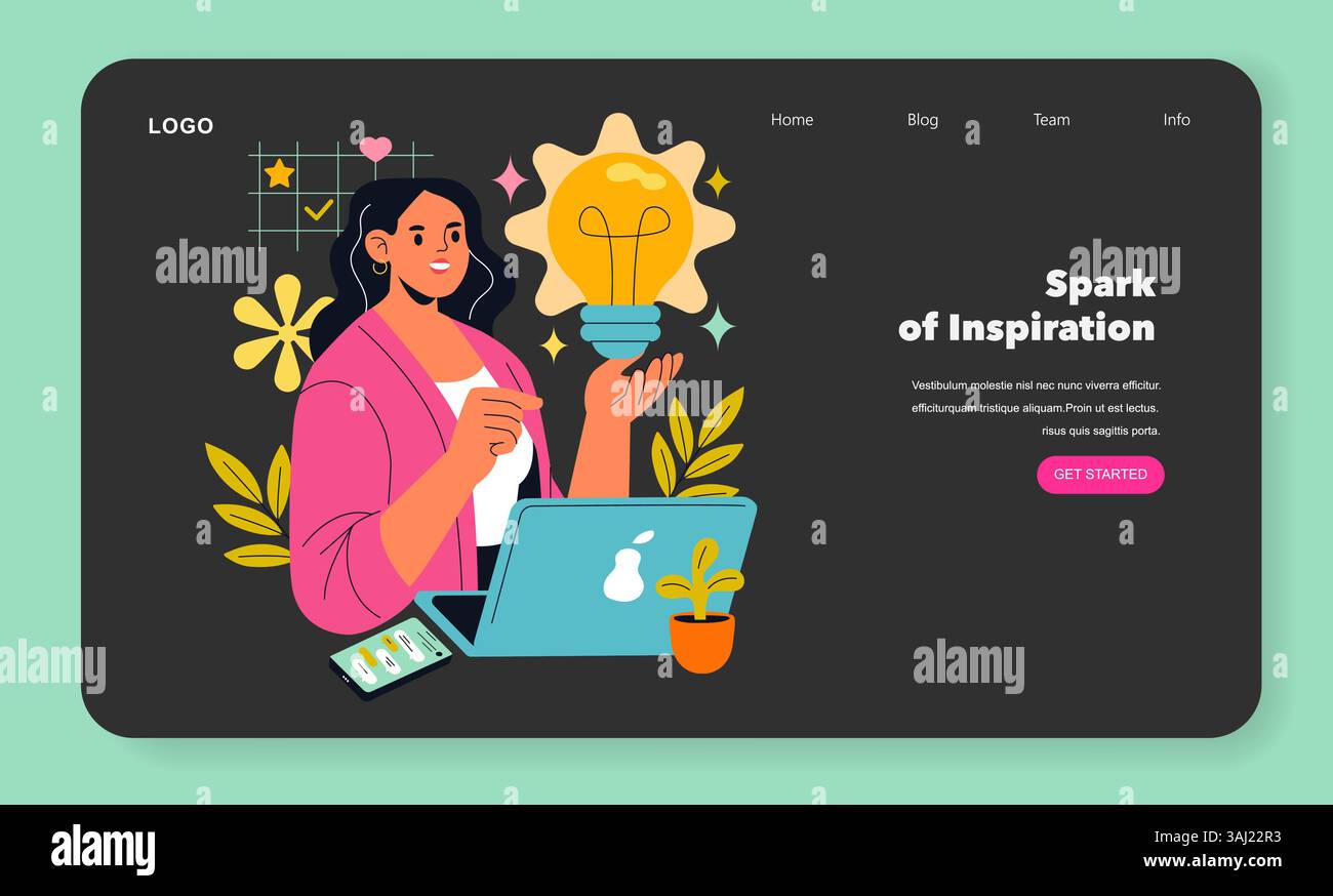 Workflow illustration emphasizing creativity and inspiration. A woman brainstorming while using technology, showcasing an idea generation process. Elements include plants and light bulbs, symbolizing innovation. Vector illustration. Stock Vector