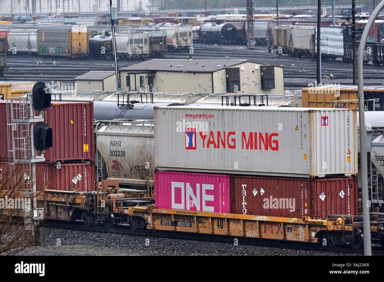 A Norfolk Southern freight pulling a consist of shipping containers ...