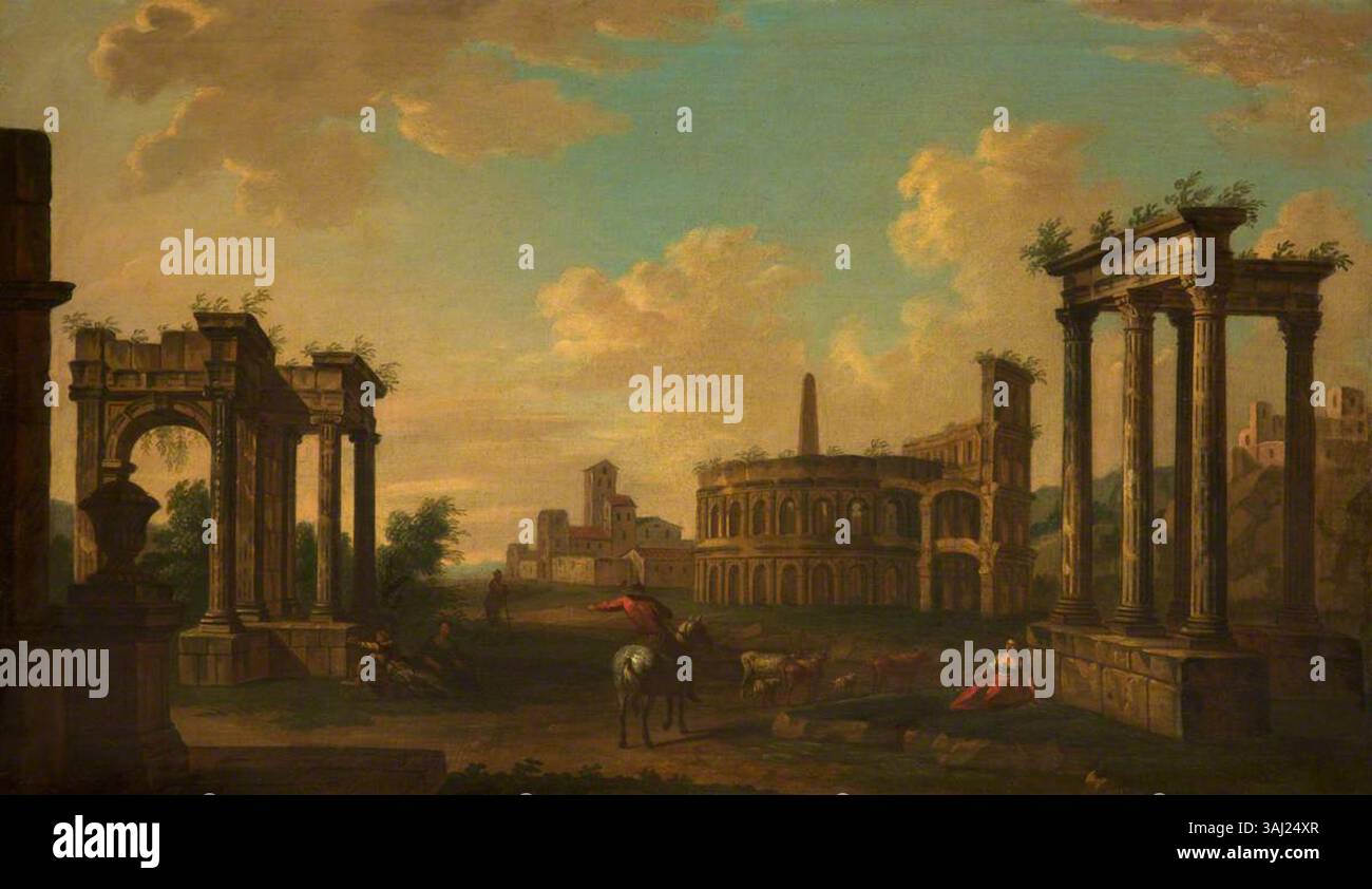 Poor Rural Life For Ancient Rome This 18th-century oil painting presents a capriccio of Roman ruins with ...