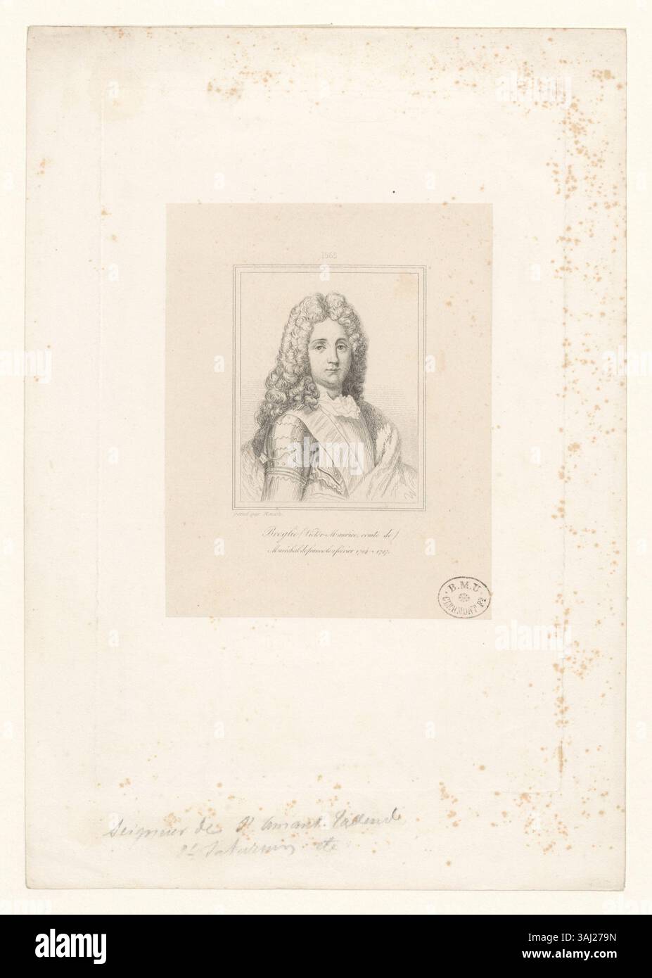 This intaglio print from the Boyer collection depicts Victor-Maurice, comte de Broglie, a French Maréchal de France. The print commemorates his military service, dating from February 2, 1724, and 1727. Stock Photo