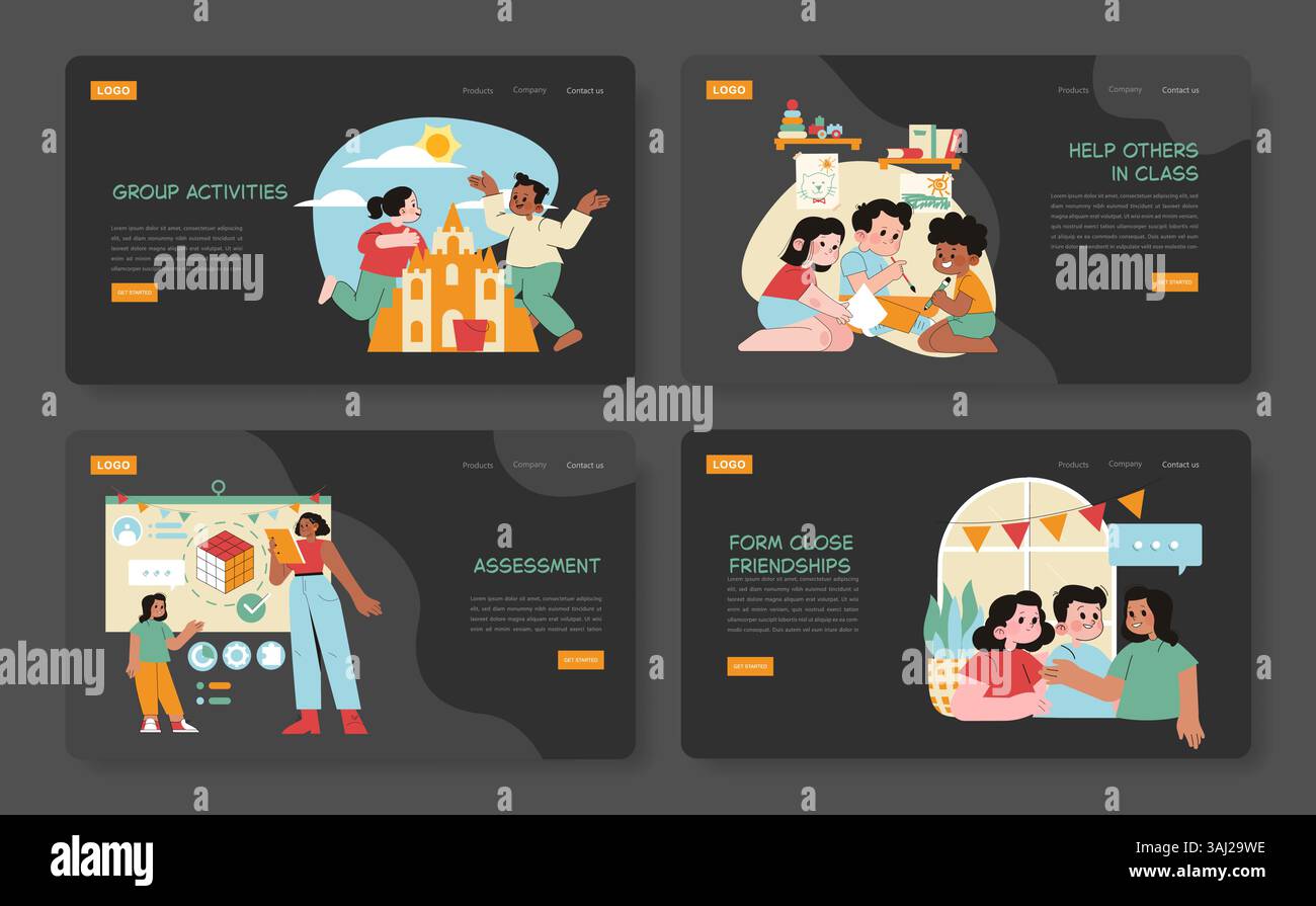 Preschool education encourages collaborative learning through group activities. Children participate in building tasks, creative projects, and fostering friendships, all in a supportive environment. Stock Vector