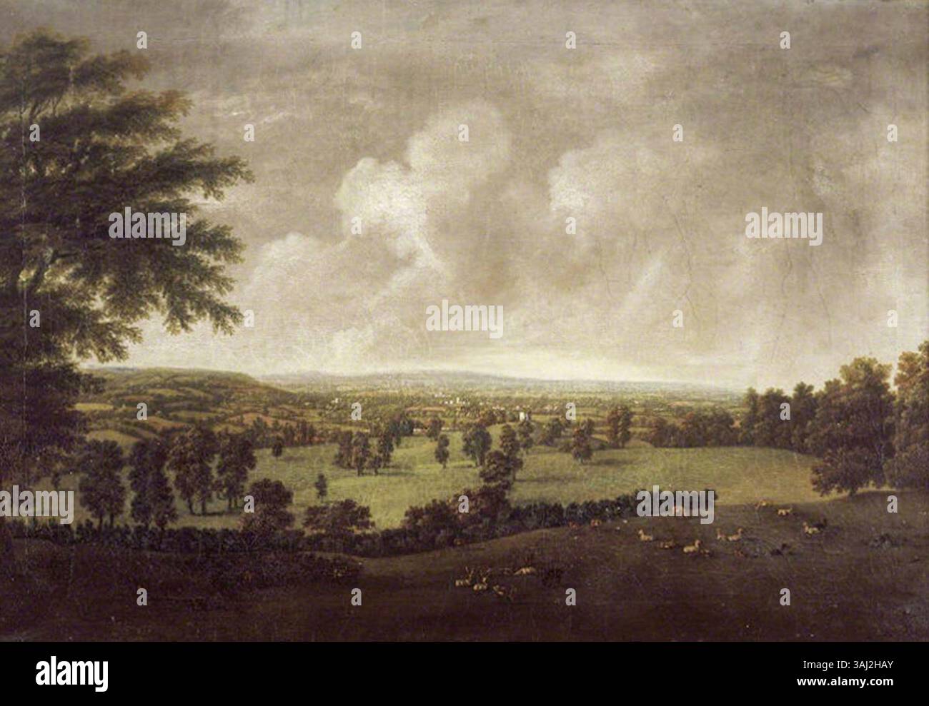 This 1778 landscape painting by William Tomkins depicts a view west from Killerton, Devon. It is housed at the National Trust and captures the rural setting of the area in oil on canvas. Stock Photo
