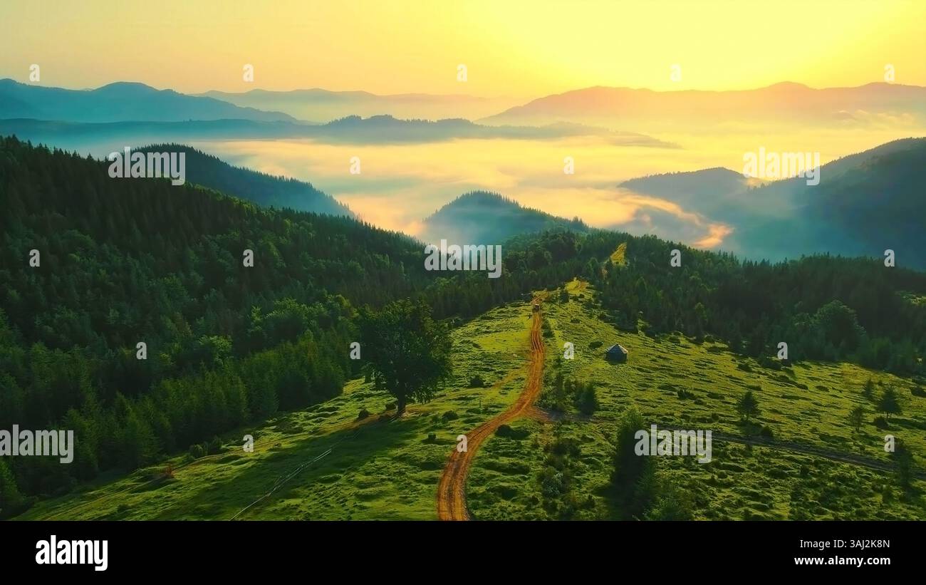 Misty sunrise over a lush green mountain valley. A breathtaking view of ...