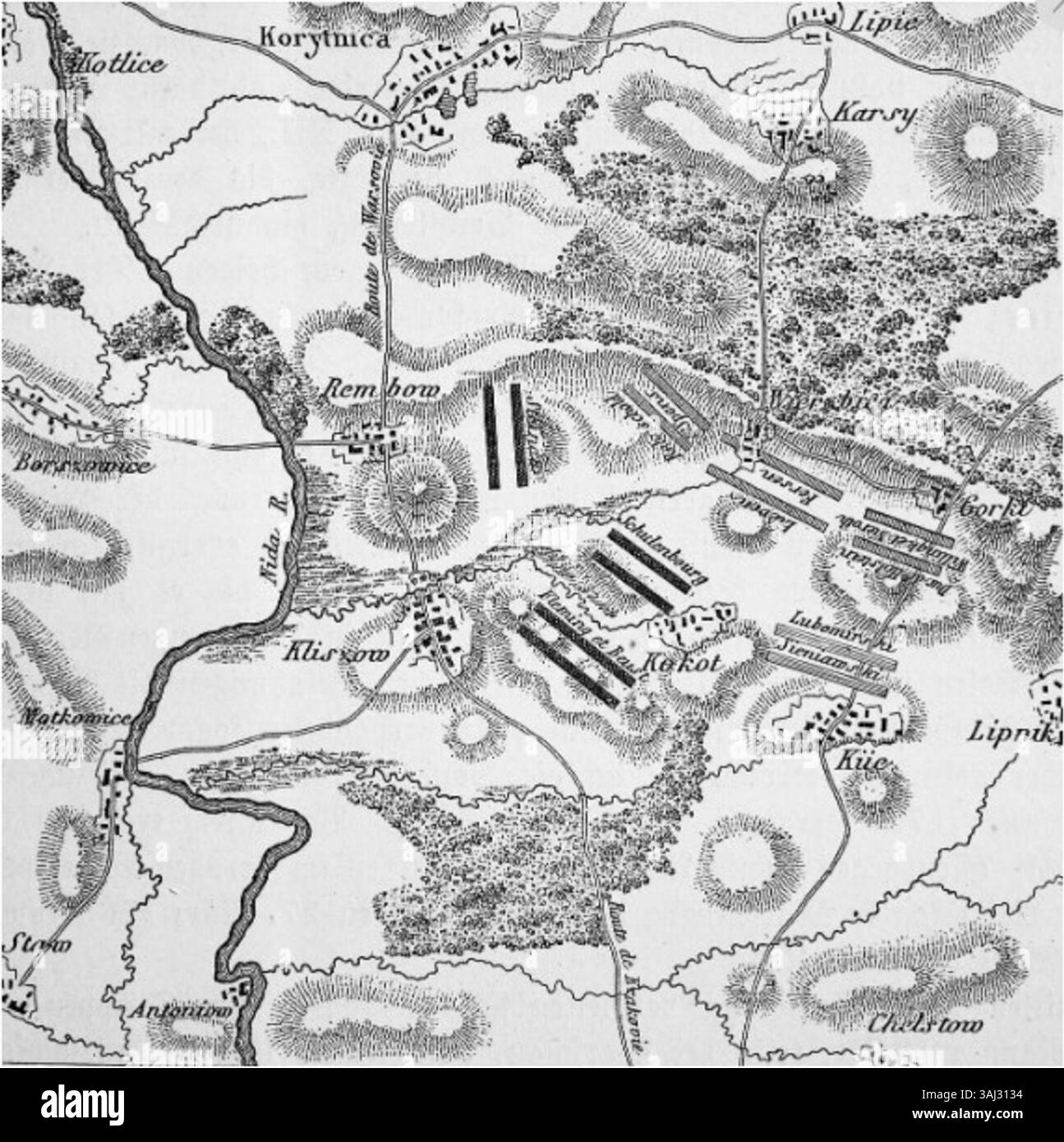 The 'Plan of the Battle of Kliszów after 1702' depicts the military engagement that took place in Poland during the Great Northern War. The map provides a detailed overview of troop positions, battle formations, and terrain, offering insights into military tactics of the early 18th century. Stock Photo