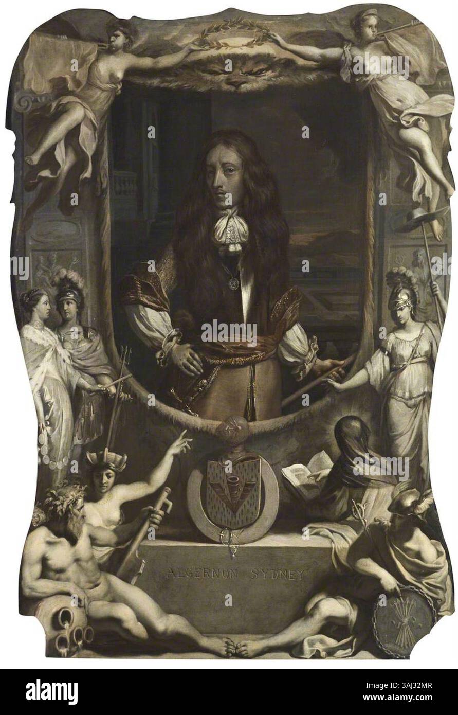 An allegorical posthumous portrait of Algernon Sidney, painted around 1700 in grisaille technique. The artwork portrays the figure in a monochrome style, reflecting his historical legacy. Stock Photo