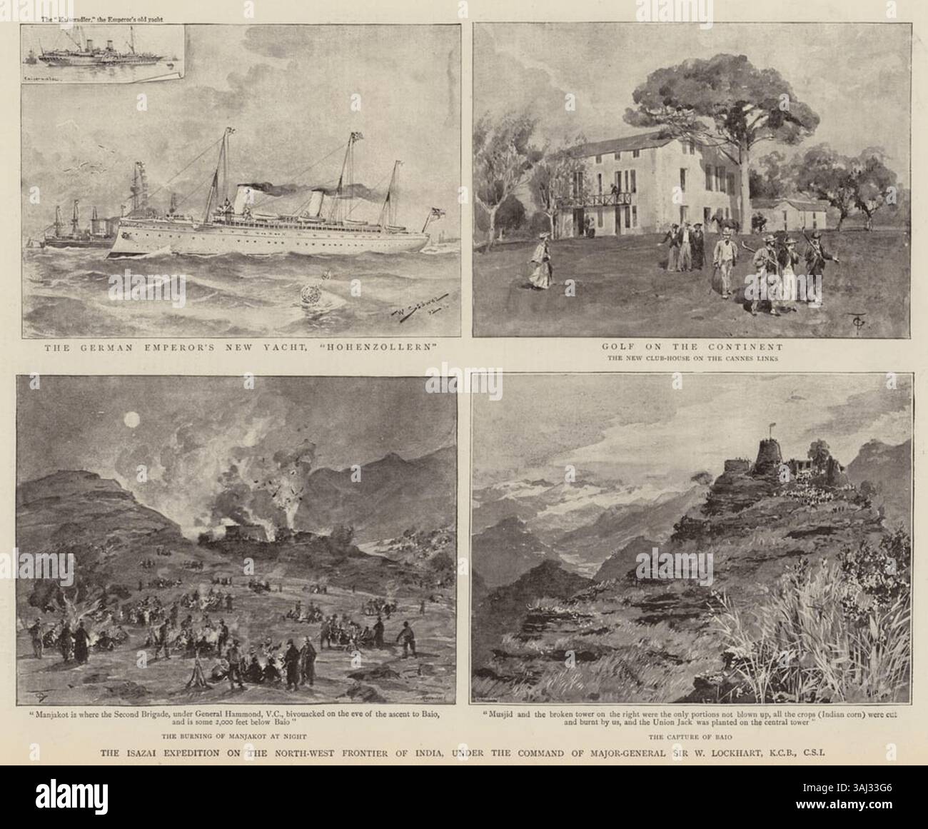 This 1892 illustration by Willy Stöwer in *The Graphic* features several scenes including the Hohenzollern ship, the Kaiseradler, and the Isazai Expedition, showcasing European military and naval activities in the late 19th century. Stock Photo